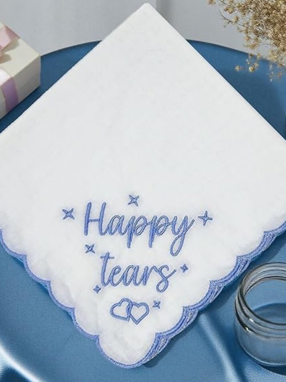 Something Blue Gift for Bride Embroidered Happy Tears Keepsake Handkerchief